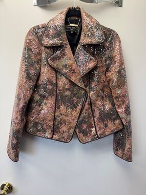 kathy ireland Pink Floral Jacquard Moto Jacket with Contrasting Trim